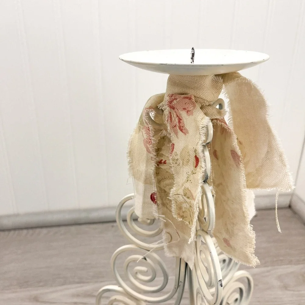 Vintage Shabby Chic Candle Holder: Weathered White Iron, Floral Burlap